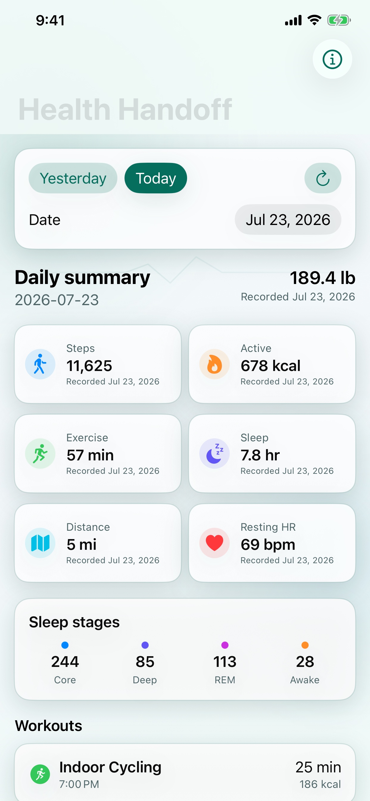 Health Handoff daily summary showing recorded dates, steps, active calories, exercise, sleep, distance, and resting heart rate
