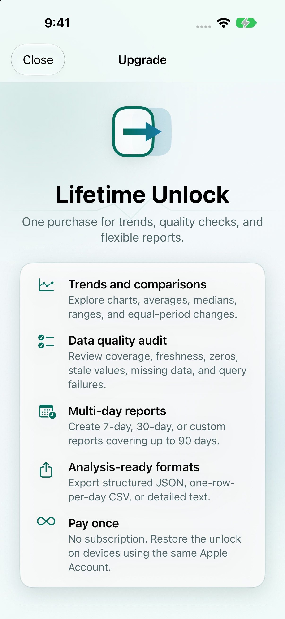 Health Handoff 2.0: Lifetime Unlock features including trends, quality audits, reports, and export formats